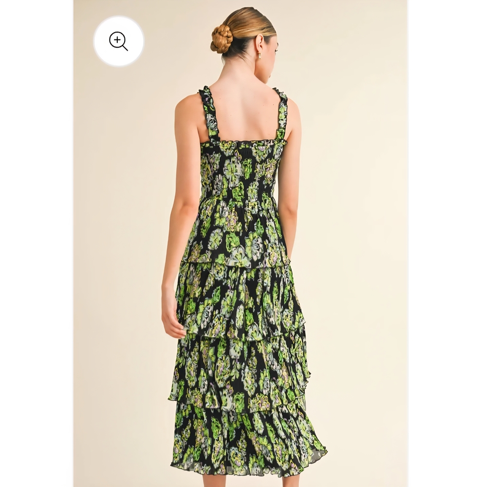 The Reset Black and Green Floral Maxi Dress with Tiered Design Size Large - Picture 3 of 5